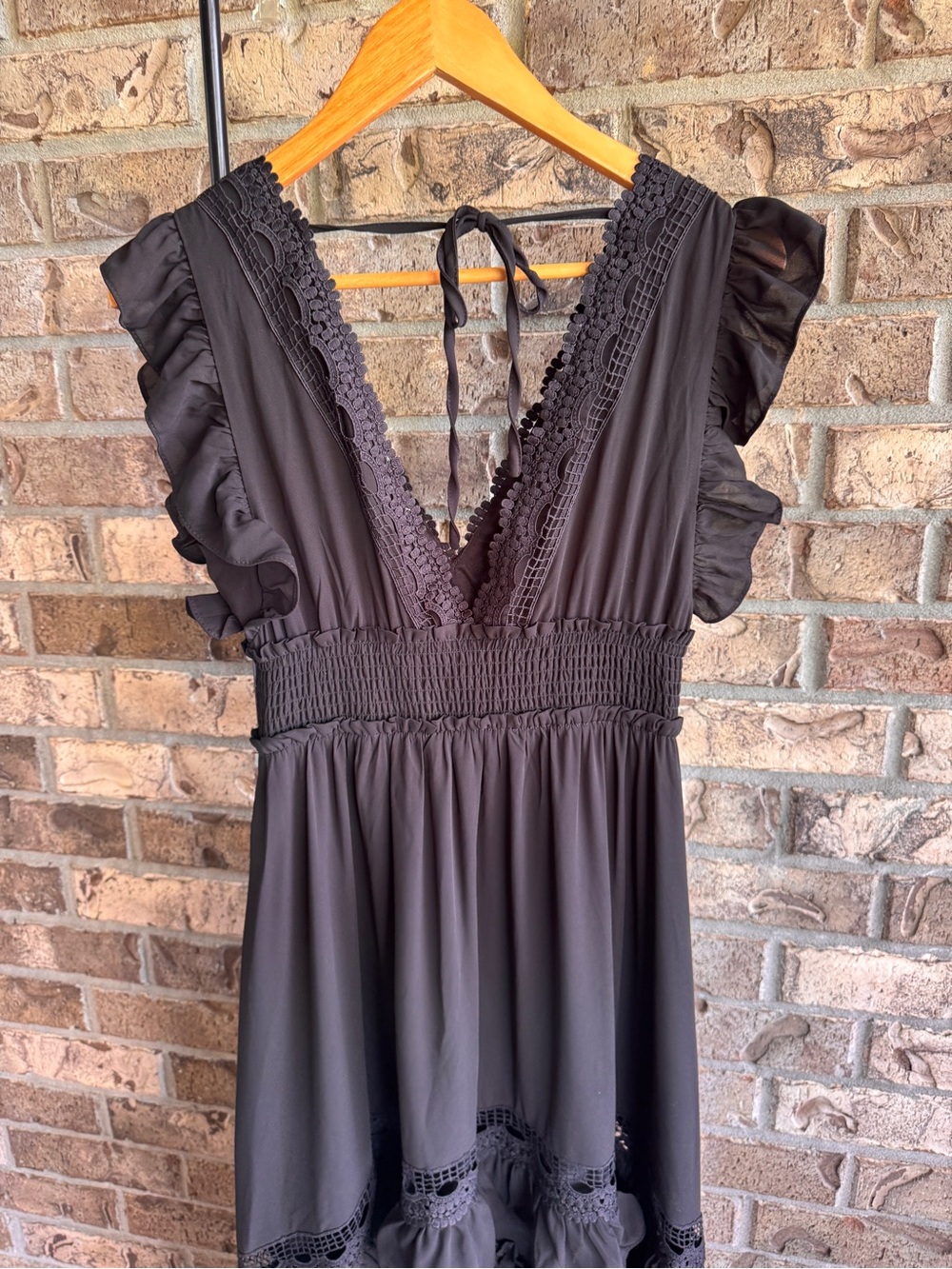 Baltic Born Jasmine Ruffle Maxi Dress Black Lace Trim Smocked Flutter Sleeve M - Picture 13 of 16
